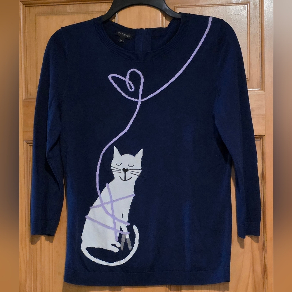 Talbots Navy Cat And Yarn Heart Sweater XS